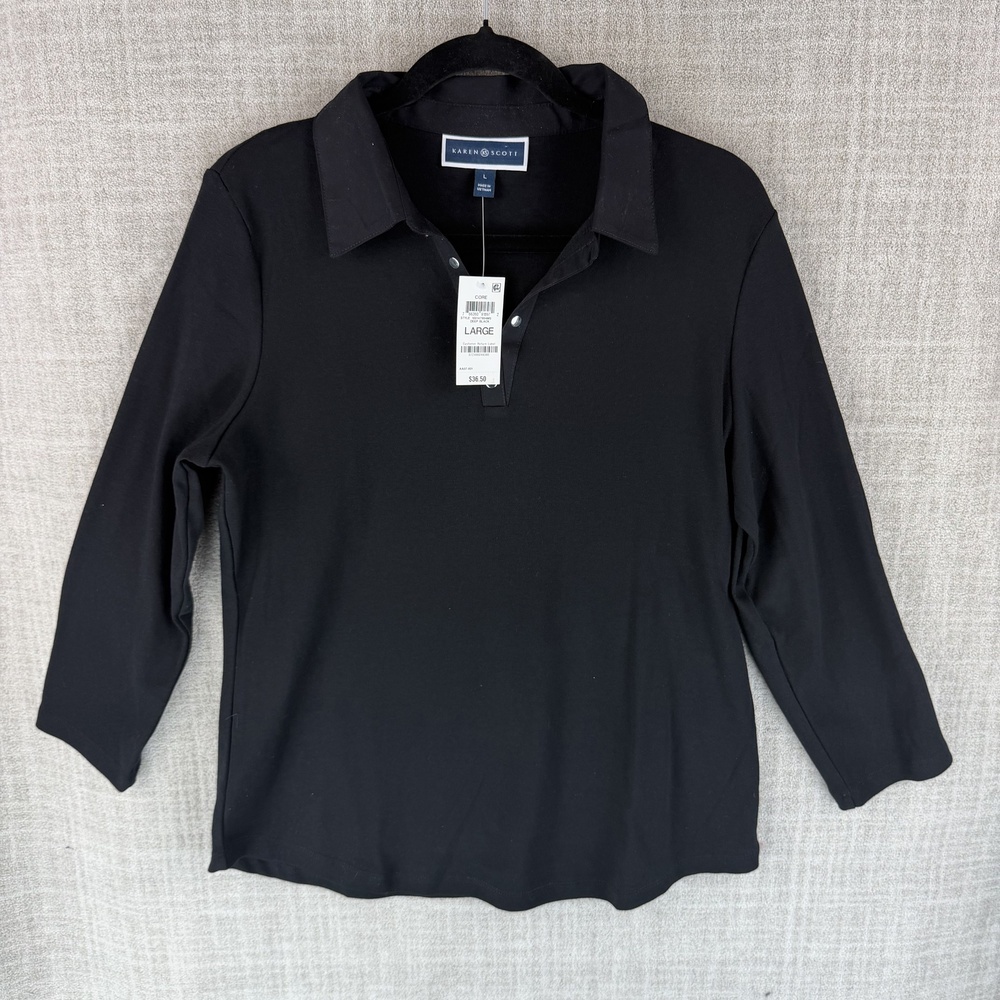 Karen Scott Polo Womens L Black Studded Collared 3/4 Sleeve Jersey Snap